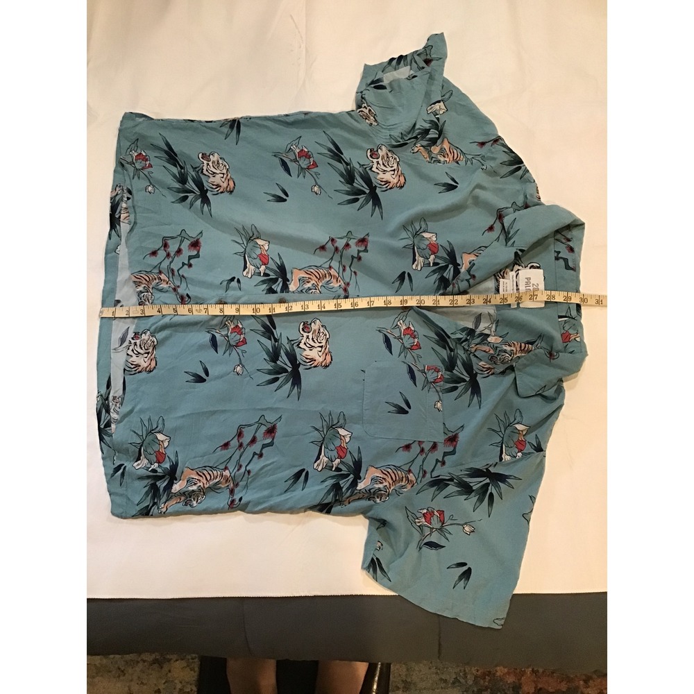 28 Palms Mens Hawaiian Shirt XL Teal Tiger Bamboo Lotus Print Crop Button Down - Picture 4 of 4